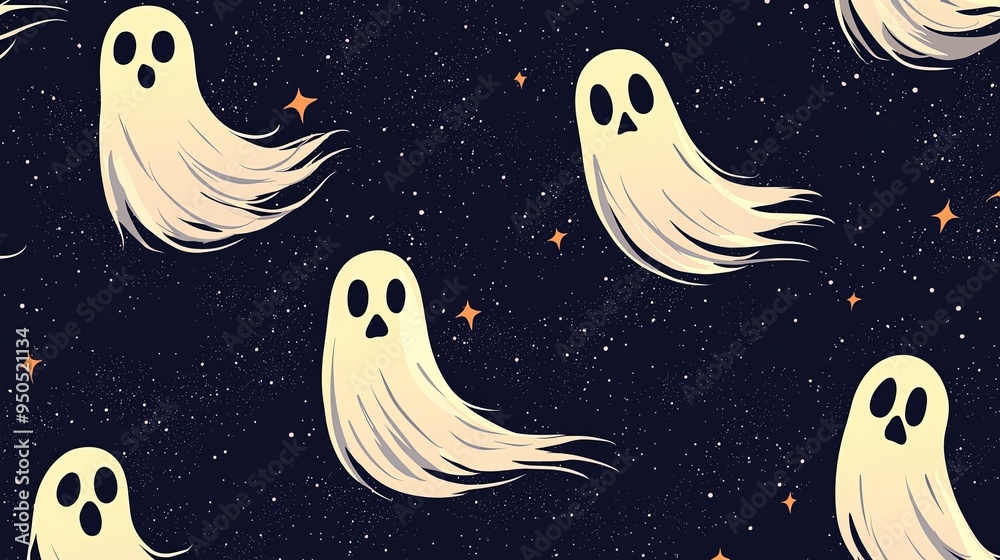 Seamless pattern showing multiple ghost figures floating against a dark starry sky with small twinkling stars and a spooky, mysterious Halloween feel. Seamless pattern showing multiple ghost figures floating against a dark starry sky with small twinkling stars and a spooky, mysterious Halloween feel.