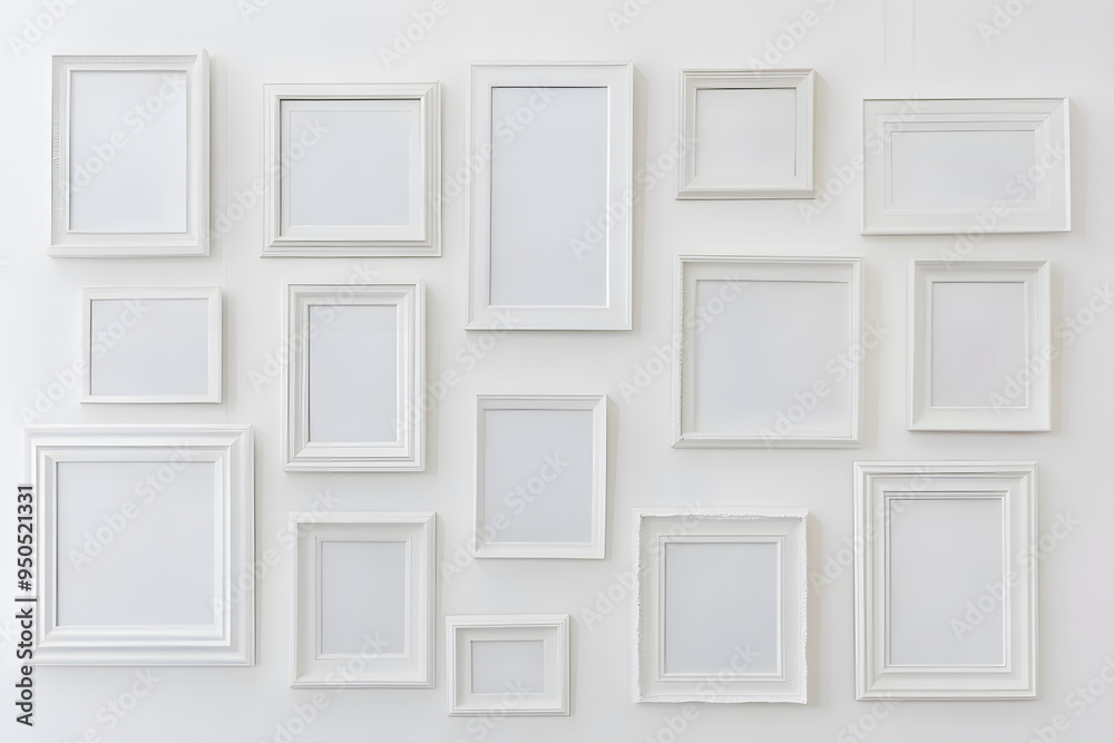 Collection of Various White Picture Frames on White Wall Mock up Collection of Various White Picture Frames on White Wall Mock up