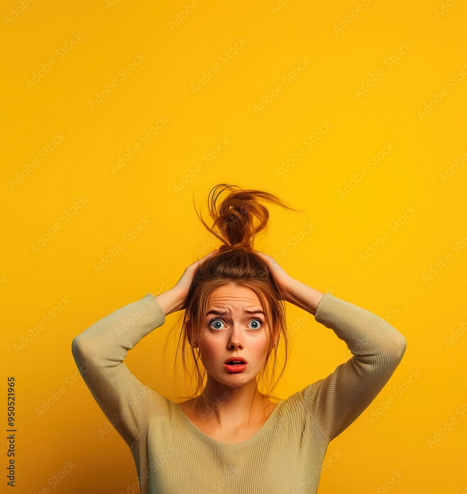 A surprised girl with messy hair expresses shock against a vibrant yellow background. Capturing a moment of genuine emotion. A surprised girl with messy hair expresses shock against a vibrant yellow background. Capturing a moment of genuine emotion.