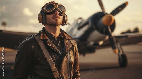 A pilot in a classic leather jacket and aviator goggles, standing beside a WWIIera aircraft on an airstrip, with a soft, vintage filter Medium shot, eyelevel photo