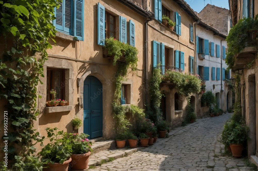 Charming Narrow Alley with Blue Shuttered Stone Houses and Lush Ivy in a Historic Village Charming Narrow Alley with Blue Shuttered Stone Houses and Lush Ivy in a Historic Village