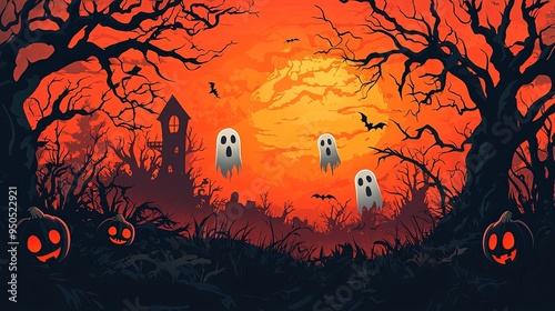Three spooky ghost apparitions haunt the grounds around a dilapidated house, illuminated by the haunting glow of a setting sun, with flying bats all around.