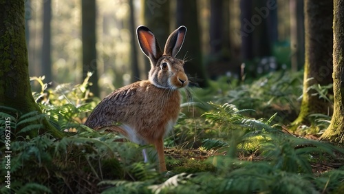 Sitting hare in the sunlight in the forest