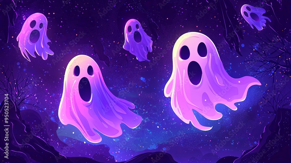 A starry night sky with several glowing purple ghosts drifting through the air, with expressive faces that convey a sense of surprise and mystery.