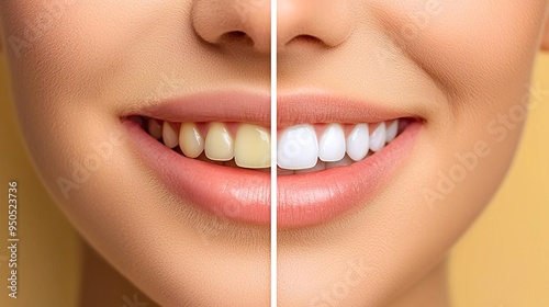 A before-and-after comparison of teeth whitening showcasing a bright smile transformation with healthy teeth.