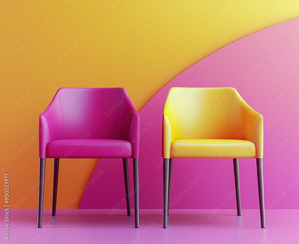 Magenta and yellow chairs in a minimalist 3D-rendered setting, high-resolution.