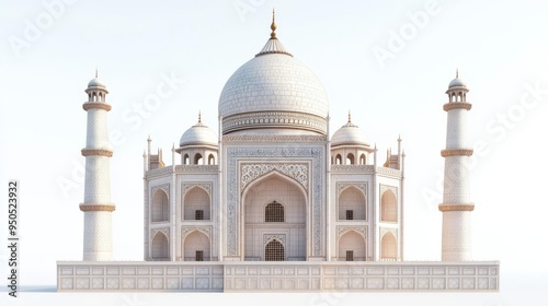 Front view of the Taj Mahal with clear sky, showcasing its stunning white marble architecture and intricate detailing.