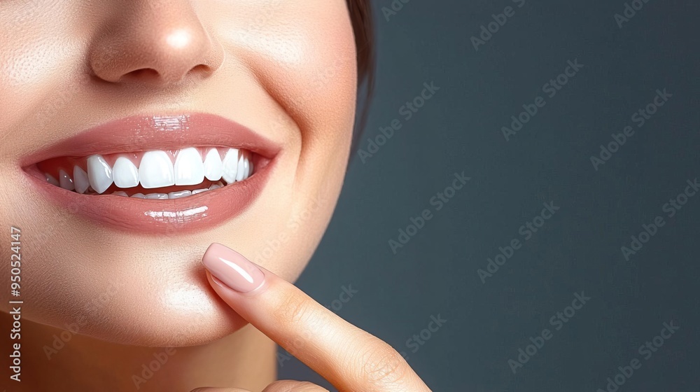 Obraz premium Close-up of a smiling woman showcasing her perfect teeth and healthy skin, emphasizing beauty and confidence.