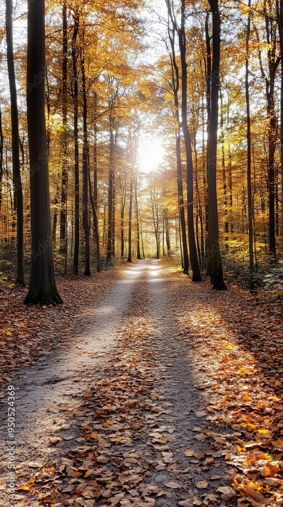 Obraz premium Sunlit Autumn Pathway through Forest