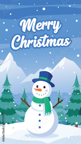 Merry Christmas snowman in winter background card vector illustration for Christmas wishes and New Year Card