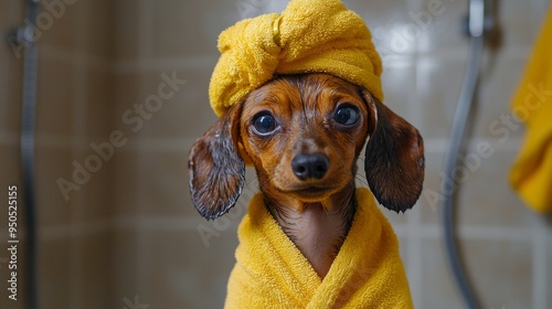 Beautiful dachshund puppy in yellow bathrobe and with towel wrapped around its head like a turban stands in the shower after bathing. Daily hygienic procedures or grooming for pet. photo