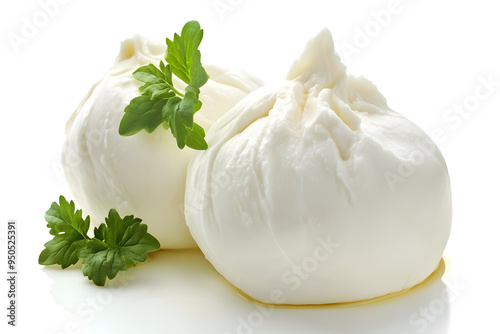 Fresh piece burrata cheese with basil close up isolated on white background 