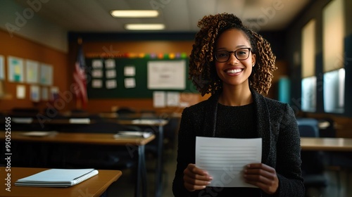 A confident educator smiles while holding a paper in a bright classroom, ready to engage students and share knowledge. photo