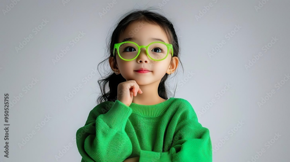 Fototapeta premium A thoughtful child in vibrant green clothing, wearing stylish glasses and posing confidently with a charming expression.