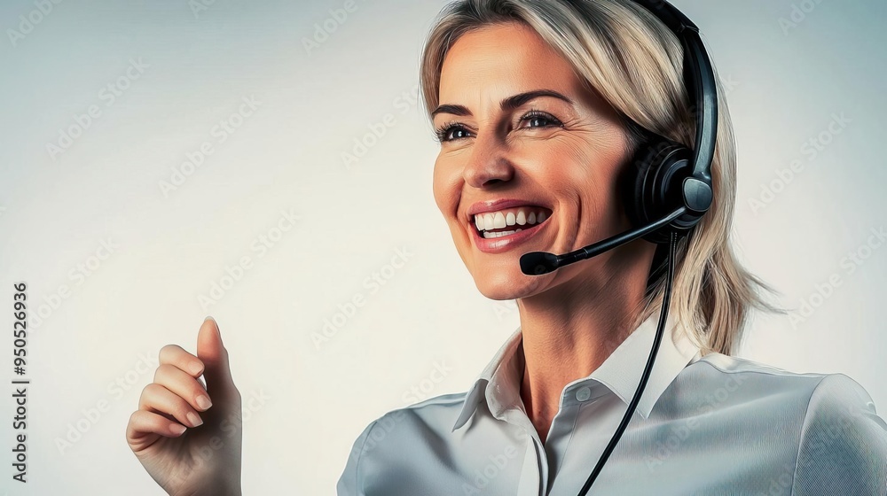 A cheerful customer service representative wearing a headset, engaging in a positive conversation, enhancing client satisfaction.