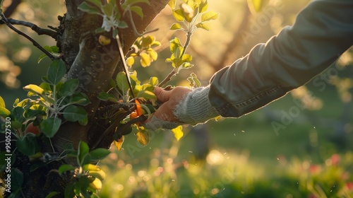 realistic photography of someone trimming apple tree, spring, Silky Bigboy, morning light, sunny