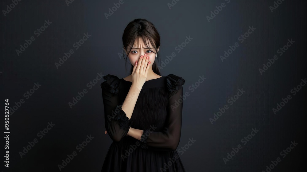 A young woman expresses deep emotion, covering her face with her hands against a dark backdrop, showcasing vulnerability and sadness. A young woman expresses deep emotion, covering her face with her hands against a dark backdrop, showcasing vulnerability and sadness.