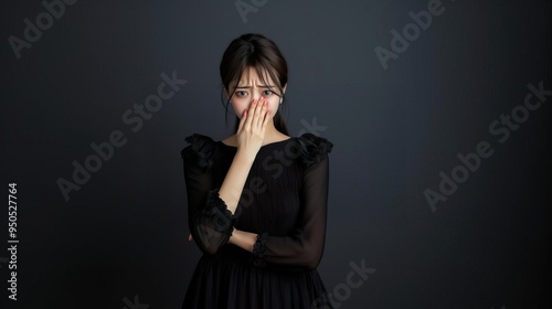 A young woman expresses deep emotion, covering her face with her hands against a dark backdrop, showcasing vulnerability and sadness.