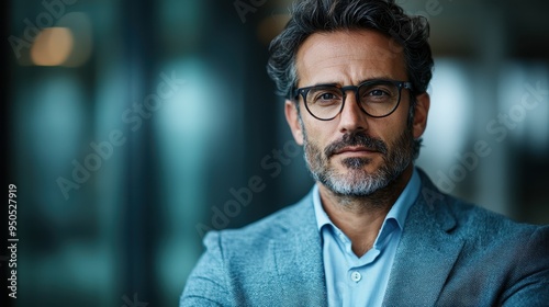 A professional businessman with glasses, wearing a blue suit, standing with his arms crossed in a modern office, embodying success, confidence, and determination.