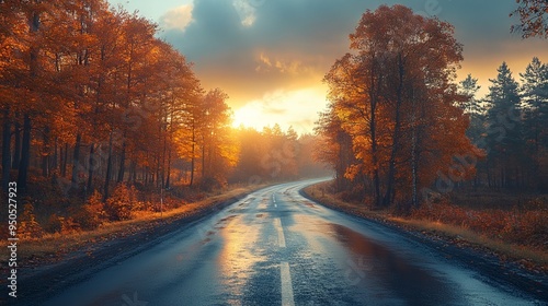 Serene Highway with Sunlit Trees. AI generated illustration