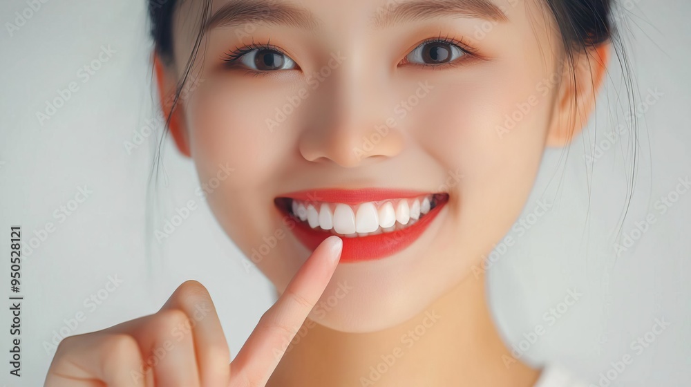 A cheerful young woman showing her bright smile while pointing at her teeth, highlighting dental hygiene and beauty. A cheerful young woman showing her bright smile while pointing at her teeth, highlighting dental hygiene and beauty.