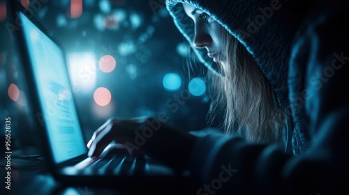 An individual clad in a gray hoodie intently working on a laptop amidst a dark setting illuminated by blue lights, suggesting themes of coding, data analysis or deep work. photo