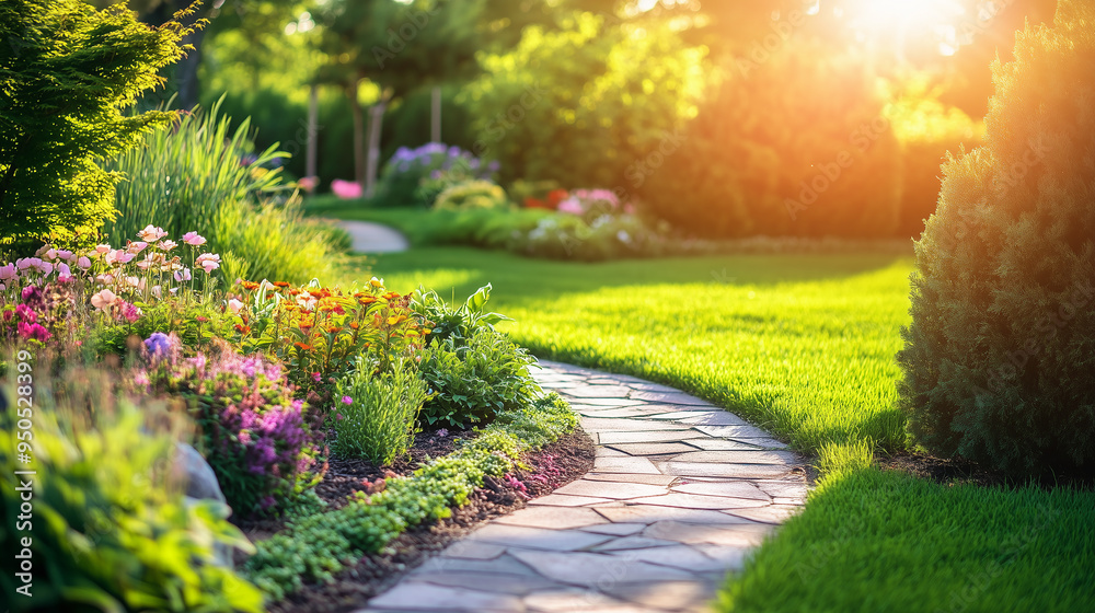 Obraz premium Garden path with flowers in the garden at sunset. Nature background