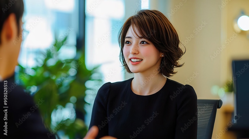Fototapeta premium A smiling woman engages in conversation in a modern office setting, showcasing professionalism and confidence.