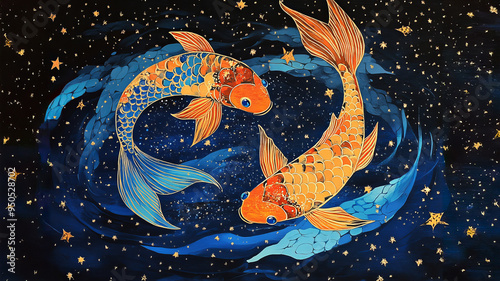 Pisces Zodiac Sign in Art Deco Nouveau Style