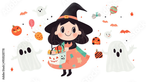 Cute Witch with Ghosts and Pumpkins for Halloween. photo