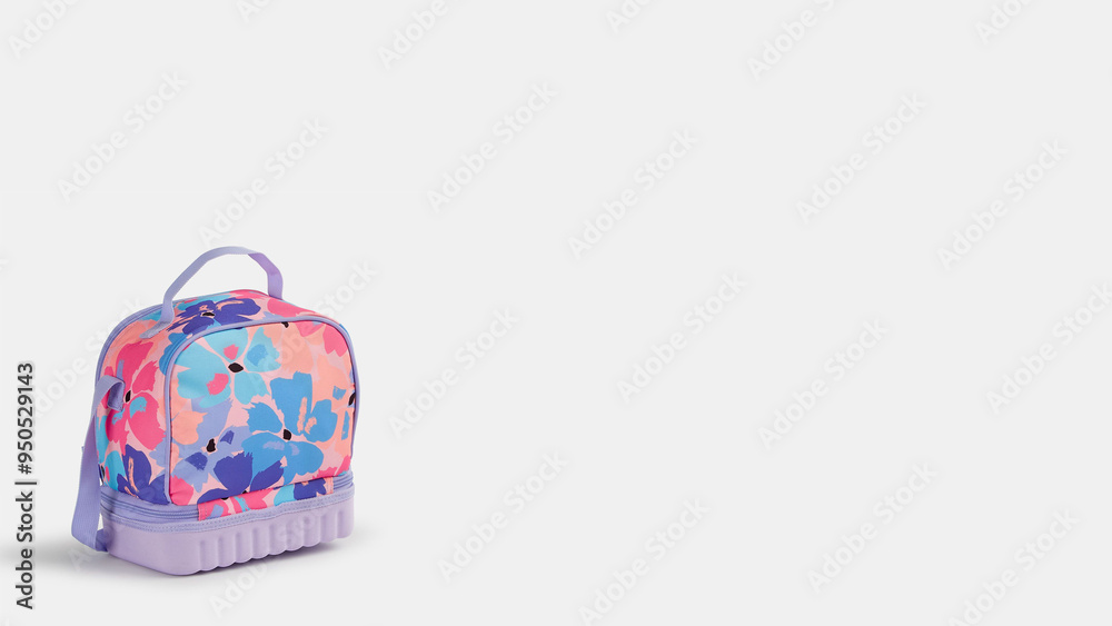 Back view of children's lunch bag with floral pattern on copy-space background. Back view of children's lunch bag with floral pattern on copy-space background.