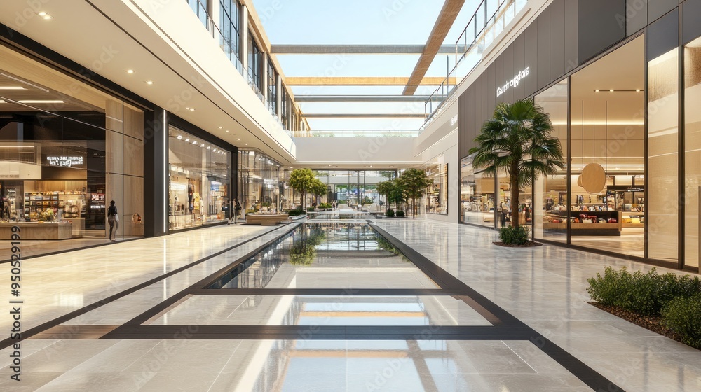 Modern Shopping Mall Interior with Water Feature