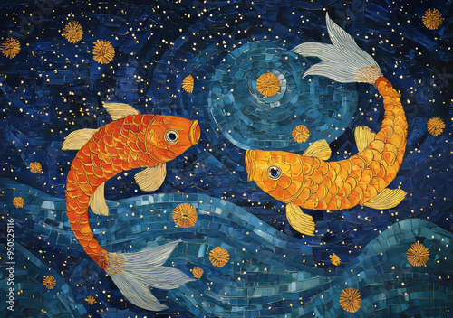 Pisces Zodiac Sign in Art Deco Nouveau Style