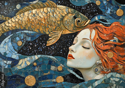 Pisces Zodiac Sign in Art Deco Nouveau Style