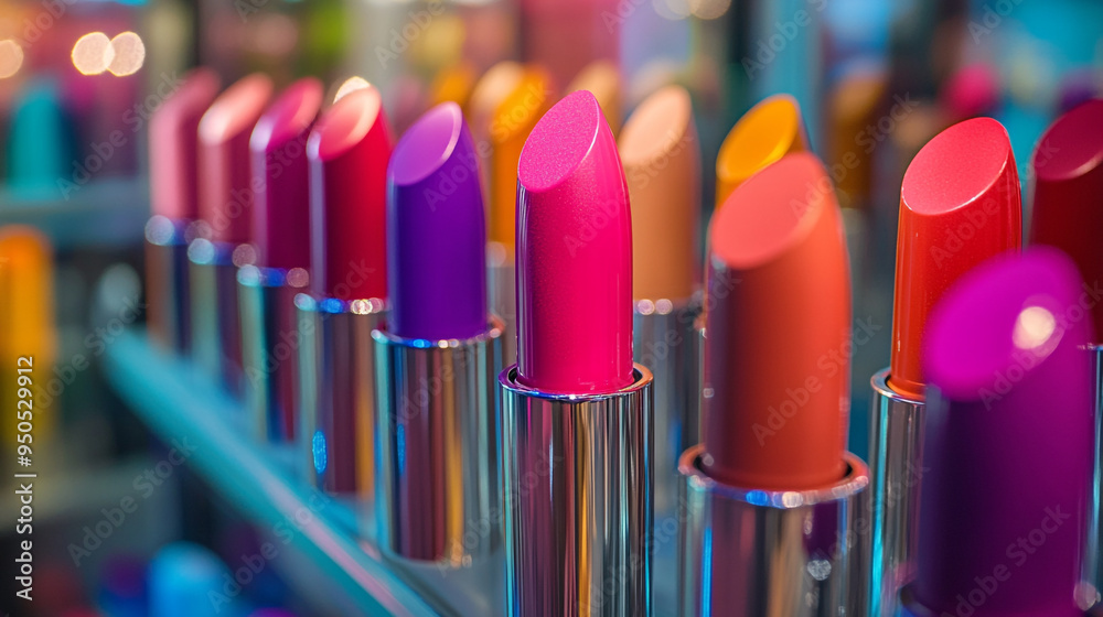Colorful array of lipsticks displayed in a cosmetics store, showcasing various shades and finishes in vibrant lighting Colorful array of lipsticks displayed in a cosmetics store, showcasing various shades and finishes in vibrant lighting