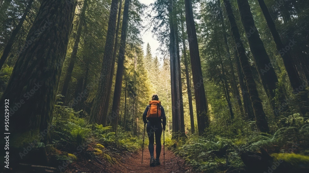 Hiker Navigating Through the Enchanted Redwood Forest Hiker Navigating Through the Enchanted Redwood Forest