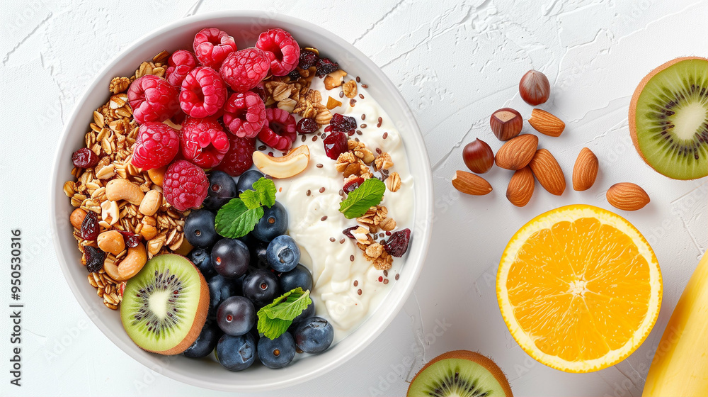 Bowl of fruit and granola with yogurt for healthy breakfast fresh berries on top colorful nutritious meal Bowl of fruit and granola with yogurt for healthy breakfast fresh berries on top colorful nutritious meal