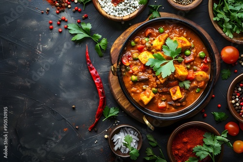 Spicy Vegetarian Curry with Chillies and Herbs - Top View