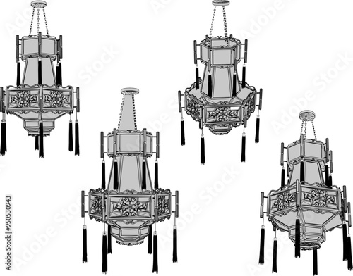 Sketch of a vector silhouette illustration of a classic Chinese traditional vintage ethnic lantern decorative hanging lamp design