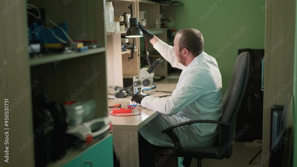 A close view of a technician in a white lab coat and black hand gloves adjusting a desk lamp and continues work circuit under a microscope using a small iron picker with a shelf by the side