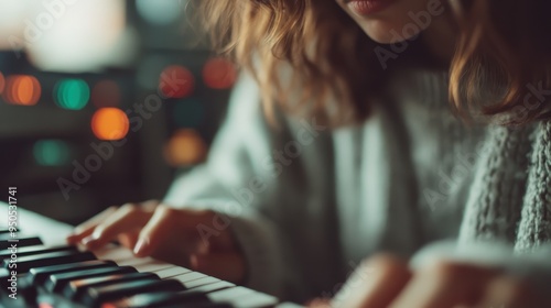 A captivating image of an individual playing the piano, exhibiting skillful fingers on the keys with blurred background lights, creating a mesmerizing ambiance. photo