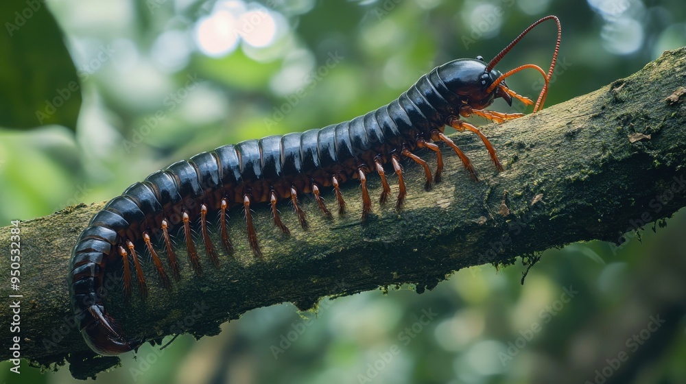 Fototapeta premium Centipede on a Branch in Lush Green Foliage