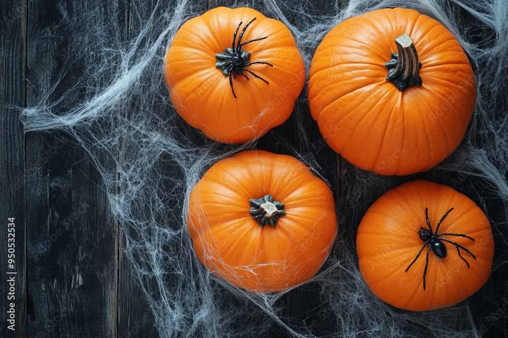 Halloween Pumpkins with Cobwebs and Spiders on Wooden Background. AI generated illustration. Halloween Pumpkins with Cobwebs and Spiders on Wooden Background. AI generated illustration.