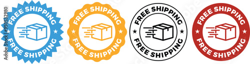 Free shipping package badge. Free delivery box label. Shipping service stamp. Quick delivery vector illustration isolated.
