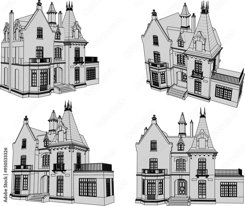 Fototapeta premium Vector illustration sketch of building design construction architecture house castle gothic old classic vintage europe