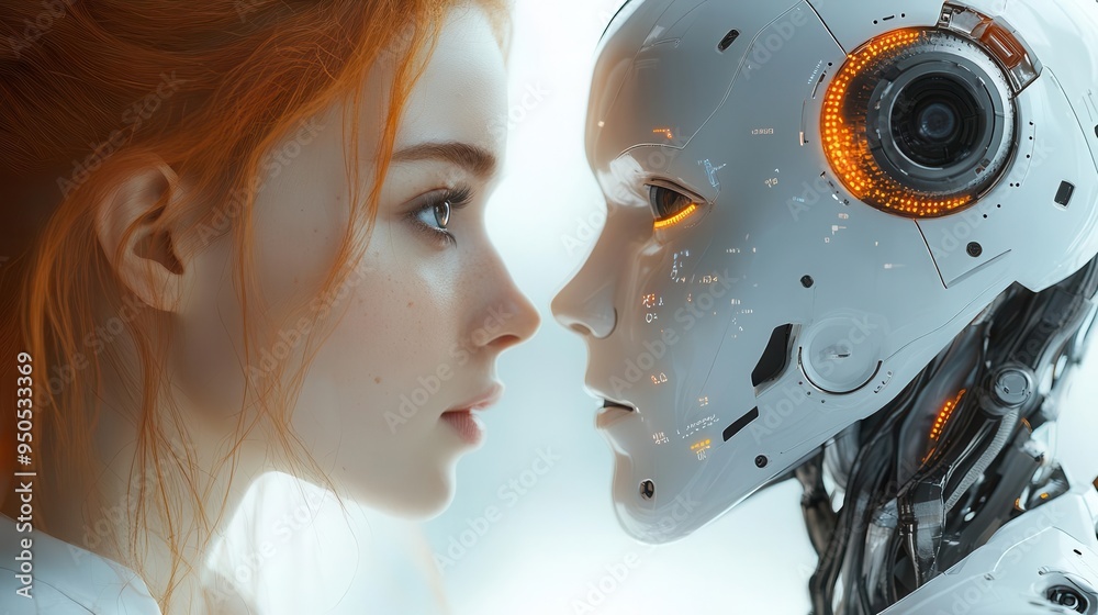 Fototapeta premium humanoid robot and human facing each other separated by glowing interface of ones and zeros represents ai and human interaction