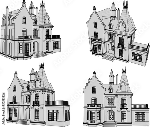 Vector illustration sketch of building design construction architecture house castle gothic old classic vintage europe