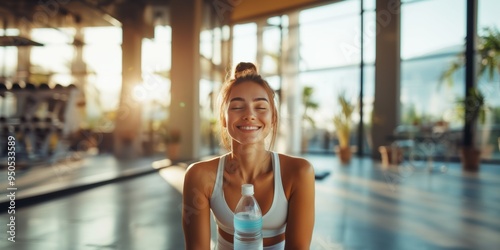 Smiling woman in gym holding water bottle 