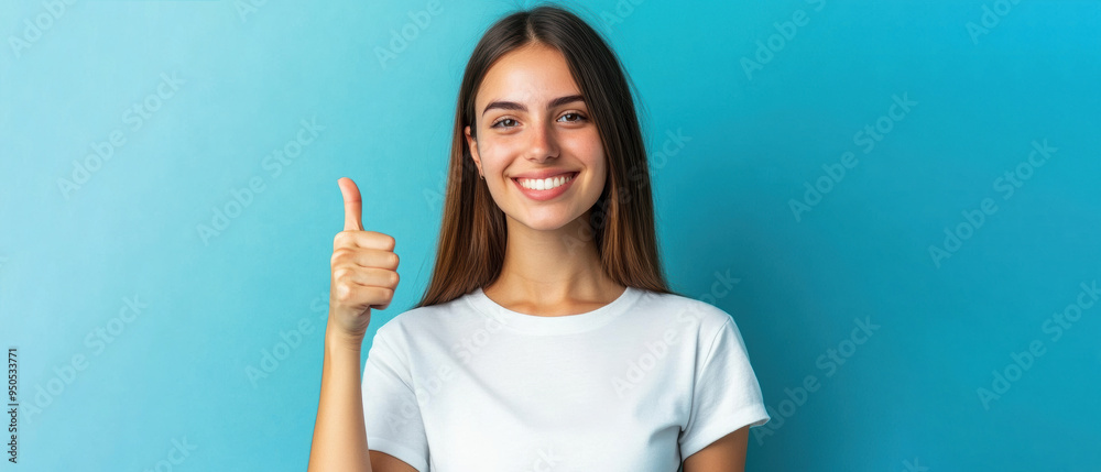 Smiling woman giving thumbs up on blue background
Smiling woman giving thumbs up on blue background