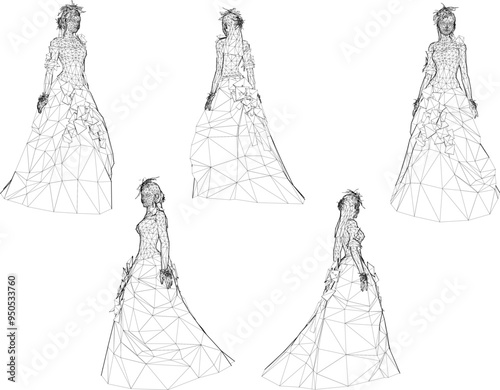  Vector silhouette illustration sketch design drawing of woman wearing elegant modern wedding dress